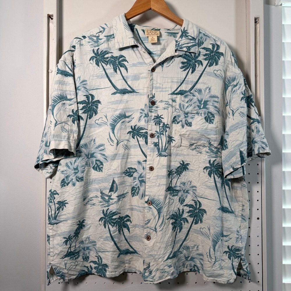 Jos. A. Bank Hawaiian Camp Shirt Mens White Teal Tropical Short Sleeve - XL Silk